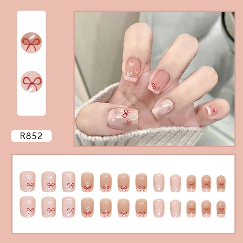 Pink French Tip Press On Nails With Bowknot Heart Star Design Short Square False Nails For Women Elegant