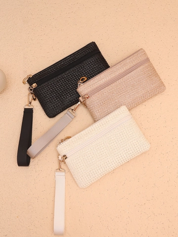Stroh Gewebte Clutch Tasche Mehrere Reißverschlüsse Handgelenktasche Sommer Strand Handybeutel Damen Retro Stil