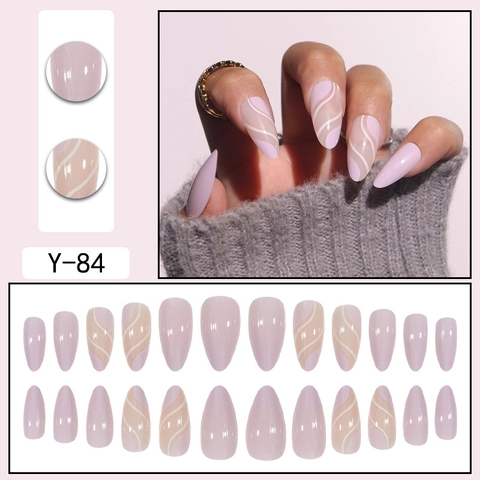 Simple Linie Lavendel Lila Mandel Künstliche Nägel Glänzend Wellenmuster Süßer Stil Künstliche Fingernägel