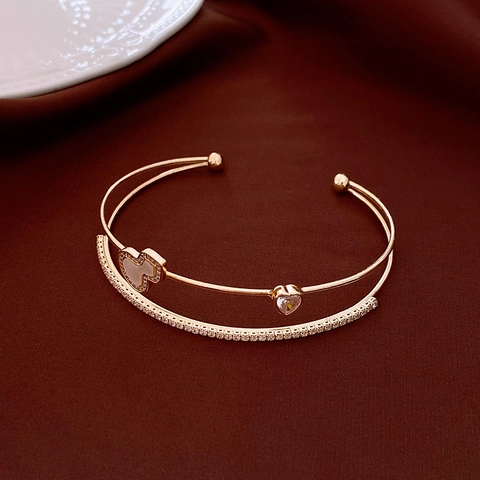 Geometric Double Layer Open Cuff Bracelet Zircon Gourd Fashion Iridescent Resin Satin Scarf Bangle Jewelry For Women