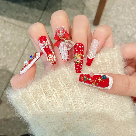 Uñas Postizas Navideñas Hechas A Mano Con Lazo Texturizado Muñeco De Nieve Diamantes De Imitación Y Perlas Artificiales