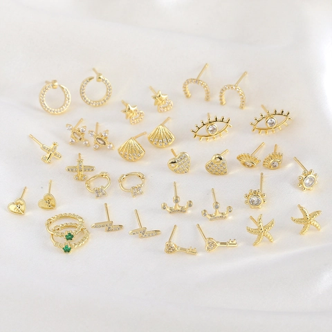 Fashion Copper Zirconia Stud Earrings With 925 Sterling Silver Earring Post Gold Plated Heart Eye Star Crown Jewelry