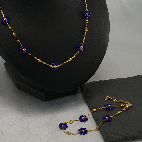 Crystal Flower Necklace And Bracelet 18K Gold Plated Stainless Steel Bohemian Floral Jewelry For Women