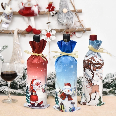 Christmas Wine Bottle Cover Cartoon Santa Snowman Reindeer Printed Fabric Bottle Bag Gold Ribbon Holiday Table Decoration