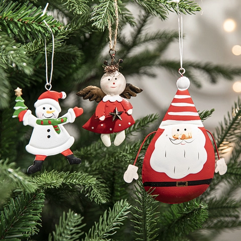 Christmas Tree Pendants Painted Iron Metal Snowman Santa Angel Hanging Ornaments Holiday Party Decor