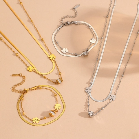 Stainless Steel Double Layer Four Leaf Clover Necklace And Bracelet With Zircon Cylinder Pendant For Women Elegant Jewelry