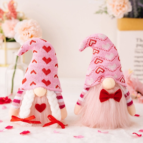 Gnomi di San Valentino Bambola di Peluche Rosa Motivo a Cuore Gnomo in Tessuto a Maglia Ornamento per Tavola Romantica Decorazione Casa Regalo Coppie