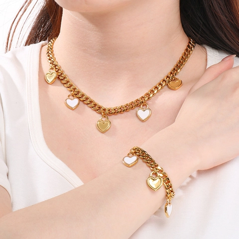 Collana E Bracciale In Acciaio Inossidabile Con Ciondolo A Cuore Catena Cubana Smalto Placcato Oro 18K Moda