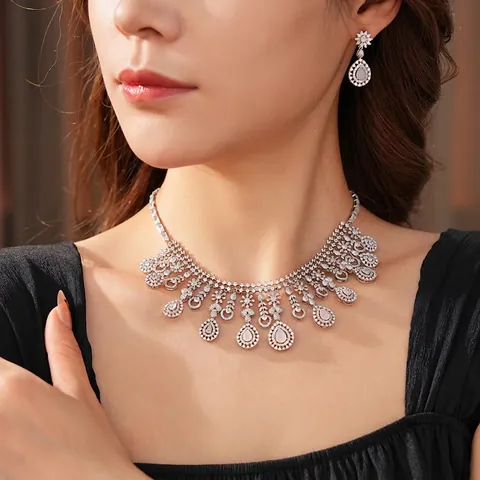 Pink Water Drop Zircon Necklace And Earrings Copper Flower Luxury Exquisite For Women With Silver Earring Post