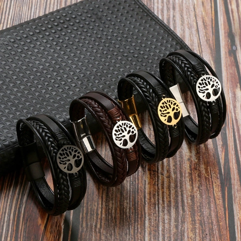 Bracciale In Pelle Multistrato Albero Della Vita Chiusura Magnetica Acciaio Inossidabile Gioielli Vintage Intrecciati Per Uomo Donna