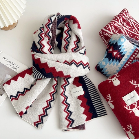 Winter Knit Scarf Polyester Warm Christmas Reindeer Geometric Pattern Ethnic Style For Men And Women