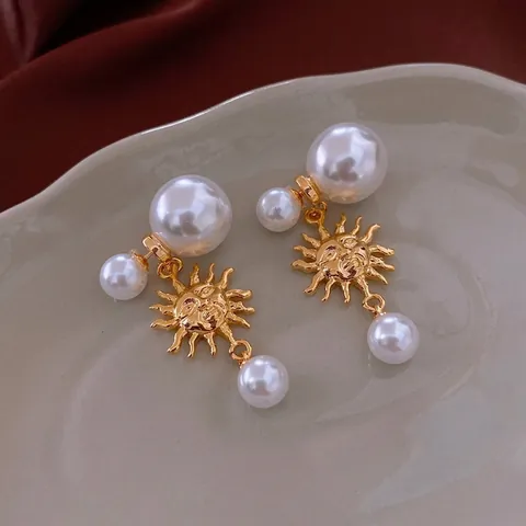 Orecchini Pendenti Con Viso Di Sole Retro Francese Con Künstliche Perle Di Imitazione Rame Placcato Oro E Perno In Argento Per Donna Gioielli