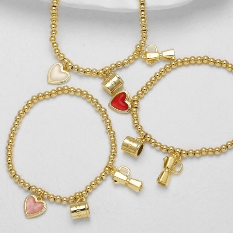 Pulsera De Cuentas Elástica Cobre Bañado En Oro 18K Corazón Esmalte Dijes Cafetera Moka Joyería