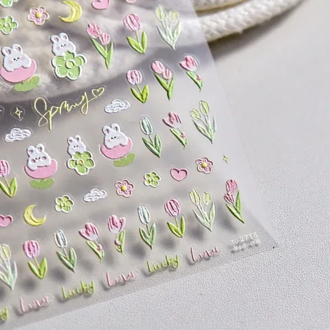 Nail Art Stickers 3D Relief Self Adhesive Tulip Rabbit Floral Japanese Retro Sweet Spring Style Manicure Decoration