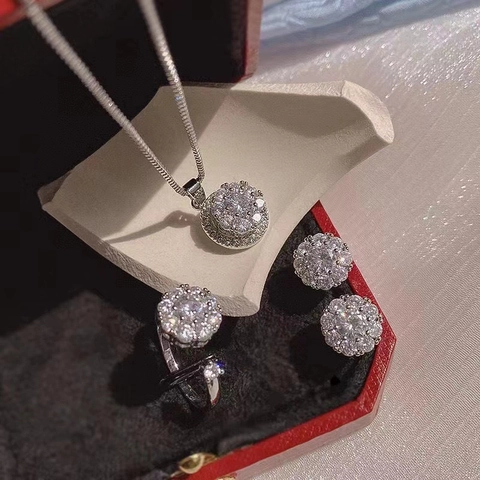 Rotatable Cubic Zirconia Necklace Stud Earrings Adjustable Ring Stainless Steel Elegant Sparkling Jewelry For Women