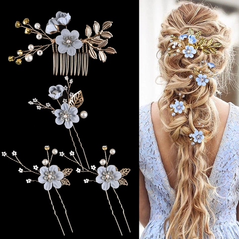 Pettine E Forcine Per Capelli Da Sposa Floreale Lega Perla Artificial Sintetica Strass Copricapo Da Sposa Accessori Donna Eleganti