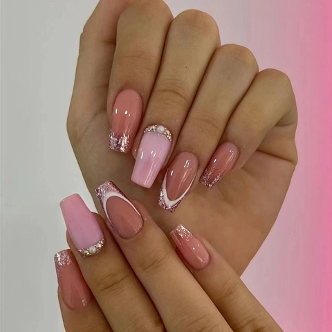 Lange Coffin Press On Nails Französisches Gradient Rosa Glitzer Strass Künstliche Perlen Dekor Künstliche Mode Falsche Nägel Für Damen