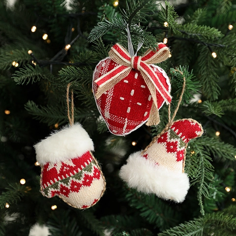 Christmas Hanging Ornaments Knitted Fabric Burlap Faux Fur Tree Pendants Holiday Home Party Decor Red White Green
