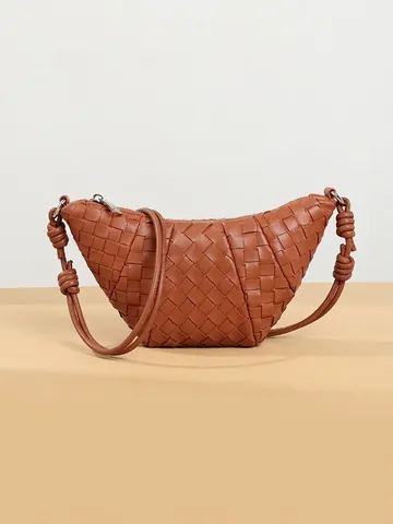 Gewebte PU Leder Umhängetasche Mondform Hobo Handtasche Mit Geknotetem Riemen Reißverschluss Mode Lässig Damen