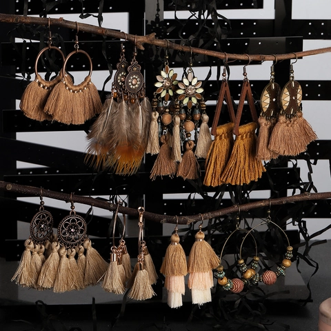 Orecchini Pendenti Boho Con Nappe E Piume Con Perle In Legno E 925 Sterling Silver Earring Post Gioielli Etnici Donna