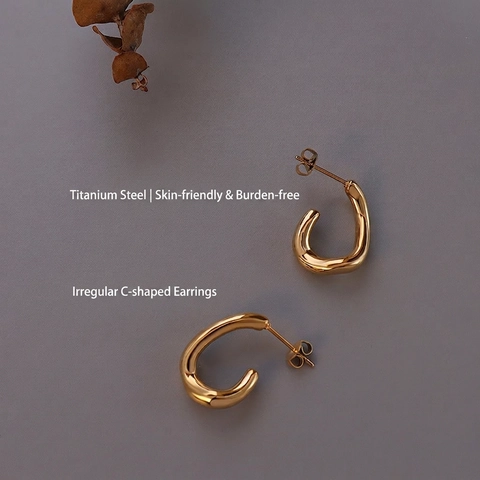 Orecchini Geometrici C Di Nicchia Francese Donna Gioielli Minimalisti Acciaio Titanio Placcato Oro 18K