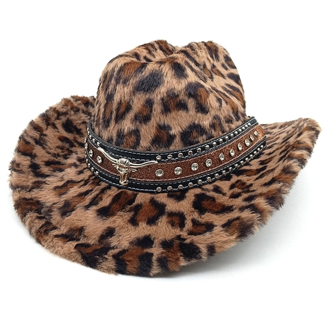 Cappello Da Cowboy Con Stampa Leopardata Pelliccia Sintetica Western Vintage Testa Di Toro Strass Cinturino Pelle Caldo
