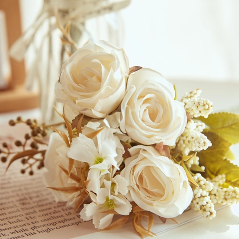 Artificial Rose Bouquet Satin Plastic Lifelike Fake Floral Vintage European Style Home Table Hotel Decoration