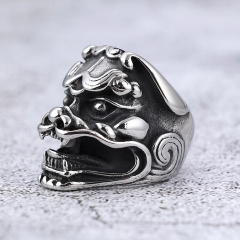 Anello Acciaio Inossidabile Kirin Bestia Mitica Maschera Demone Lucidato Ossidato Punk Gothic Retro Hip Hop Biker Gioielli Per Uomo