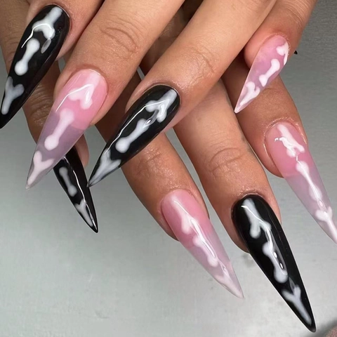Unghie Finte Halloween Stiletto Lunghe ABS Motivi Ossa Scheletro Nero Rosa Lucido Gotico Unghie Artificiali Decorazione