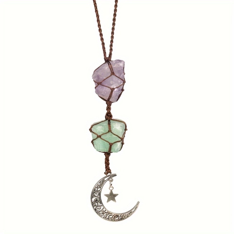 Ornamento Sospeso In Pietra Grezza Di Quarzo Rosa Ametista Naturale Rete In Corda Intrecciata A Mano Ciondolo Luna Stella