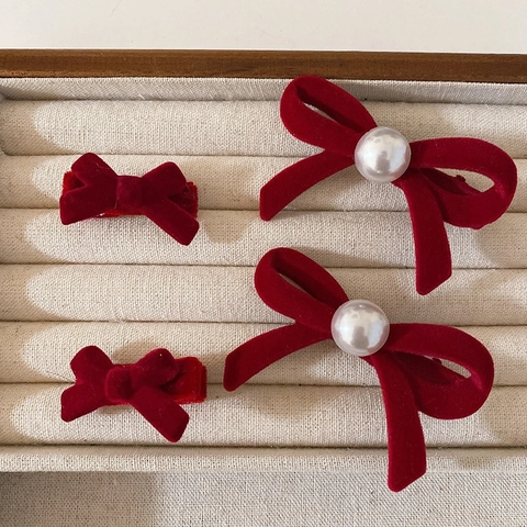 Velvet Flocking Bow Hair Clips Faux Artificial Pearl Retro Sweet French Style Elegant Alloy Headwear Duckbill And Claw Clips For Women
