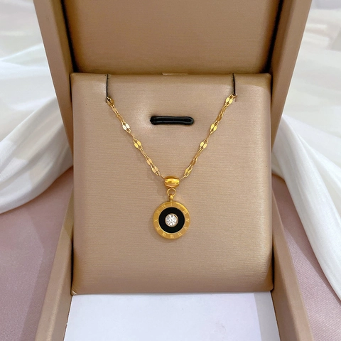 Collana Con Pendente Numeri Romani In Acciaio Al Titanio Da Donna Centro Nero Rotondo Con Strass Gioielli Minimalisti