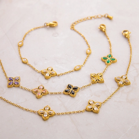 Juego de Collar y Pendientes de Pulsera de Trébol de Acero Inoxidable Chapado en Oro de 18K Joyas de Strass Mujer