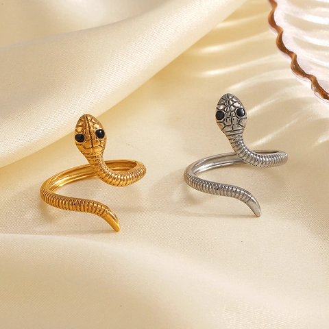 Anello Serpente Regolabile Acciaio Inossidabile Trama Scaglie Occhi Neri Moda Retrò Boho Donne