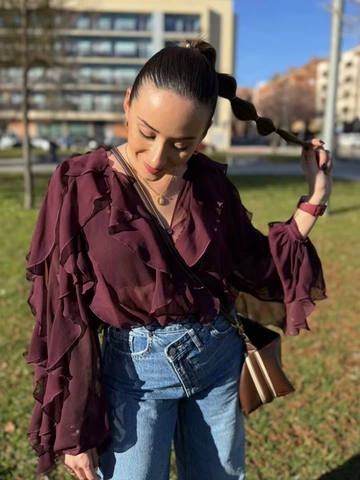Women Layered Ruffle Chiffon Blouse V Neck Long Sleeve Button Down Shirt Elegant French Style Retro Chic Loose Top
