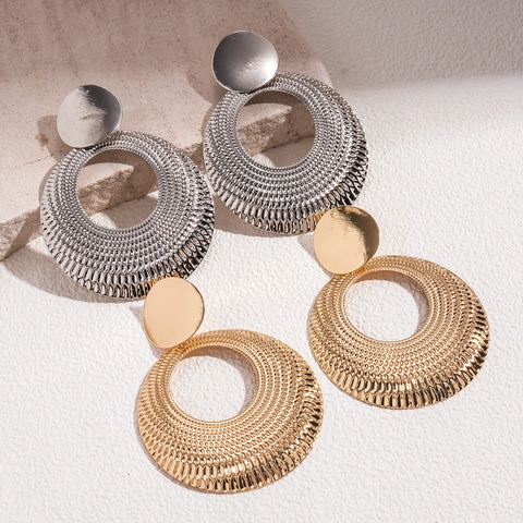 Textured Hollow Round Drop Earrings With 925 Sterling Silver Earring Post Geometric Alloy Fashion Jewelry For Women