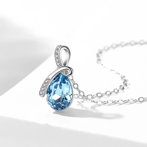 925 Sterling Silver Teardrop Pendant Necklace Blue Cubic Zirconia Ribbon Bow Elegant Fashion Jewelry Gift For Women