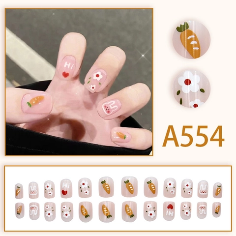 Cute Cartoon Rabbit And Carrot Press On Nails Pink Short Round Head Artificial Fake Nails For Girls Women