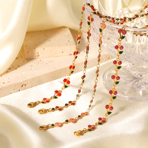 Stainless Steel Cherry Daisy Flower Leaf Necklace Bracelet Colorful Enamel Fruit Plant Charms Delicate Chain Jewelry For Women