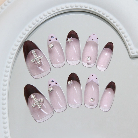 Faux Ongles Faits à la Main Rose Brun Français Œil de Chat Étoile Croix Strass Style Western Gothic Cool
