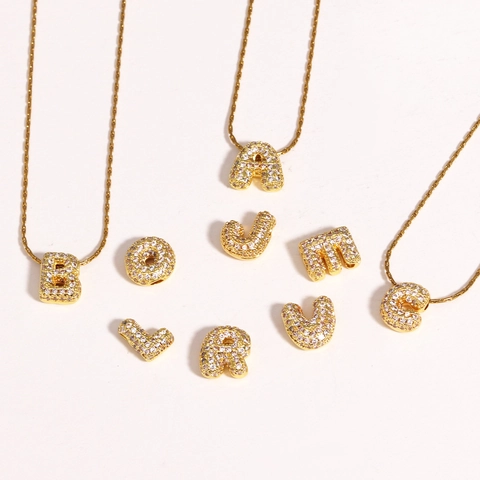 Women Personalized Bubble Initial Letter Pendant Necklace Copper 18K Gold Plated Full Zircon Iced Out Hip Hop Jewelry