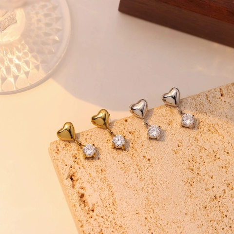 Heart Drop Earrings Stainless Steel With Round Cubic Zirconia Polished Dainty Jewelry For Women