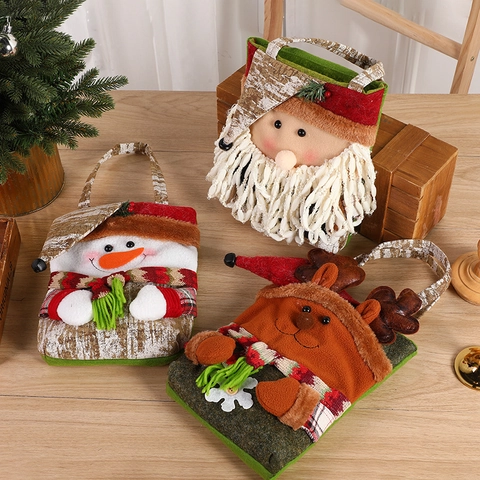 Christmas Gift Bags 3D Cartoon Santa Snowman Reindeer Portable Fabric Felt Bark Texture Candy Totes Party Decor