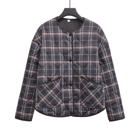 Veste Matelassée À Carreaux Femme Col Rond Fermeture Boutons Style Français Rétro Manteau Rembourré Élégant