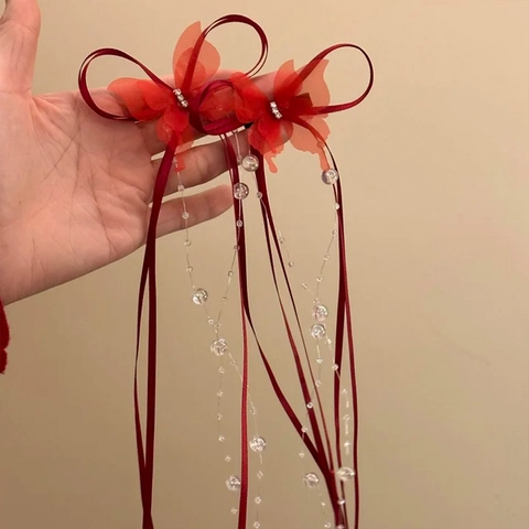 Molletta Per Capelli A Farfalla Con Nastro Rosso Nappa Lunga Fiocco In Tessuto Cristallo Artificiale Strass Accessorio Elegante Da Donna