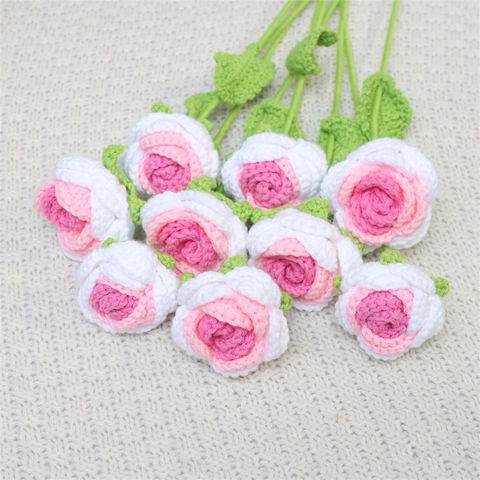 Handmade Crochet Rose Knitted Yarn Artificial Flower Single Stem For Home Decor Wedding Photography Prop Gift