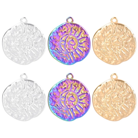 Sun Moon Face Pendant Necklace Stainless Steel Retro Celestial Embossed Coin Jewelry For Women Men