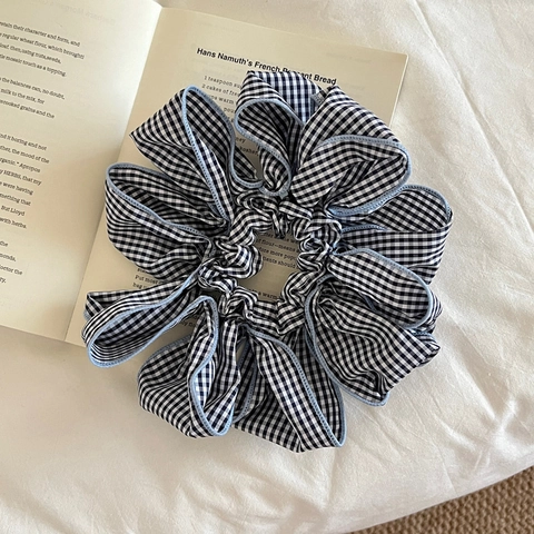 Chouchou Géant En Tissu Gingham À Bords À Volants Élastique Accessoire Cheveux Style Coréen Pour Femmes Mode