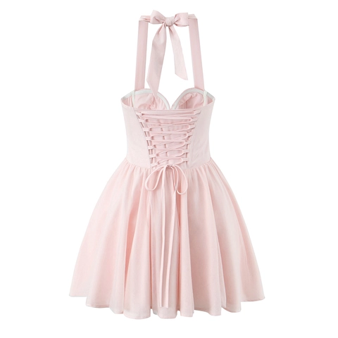 Halter Mini Dress Women Corset Style Mesh Puffy Skirt Bow Detail Lace Up Back Sweet Sexy Party Evening Wear