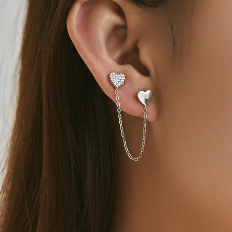 Herz Kette Ohrringe 925 Sterling Silber Mit Zirkon Doppelpiercing Quaste Schmuck Mit 925 Sterling Silber Ohrstecker
